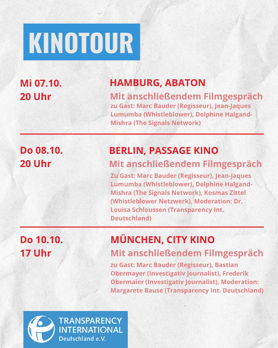 transparency_de's tweet photo. „WHISTLEBLOWER" geht auf Kinotour ✨

Ein Film über Vertrauen, Mut und Zivilcourage – und die Bedeutung von Whistleblowing für eine integre Gesellschaft. Whistleblower:innen sind für uns bei Transparency International unverzichtbare Verbündete im Kampf gegen Korruption. https://t.co/sAOonggugh