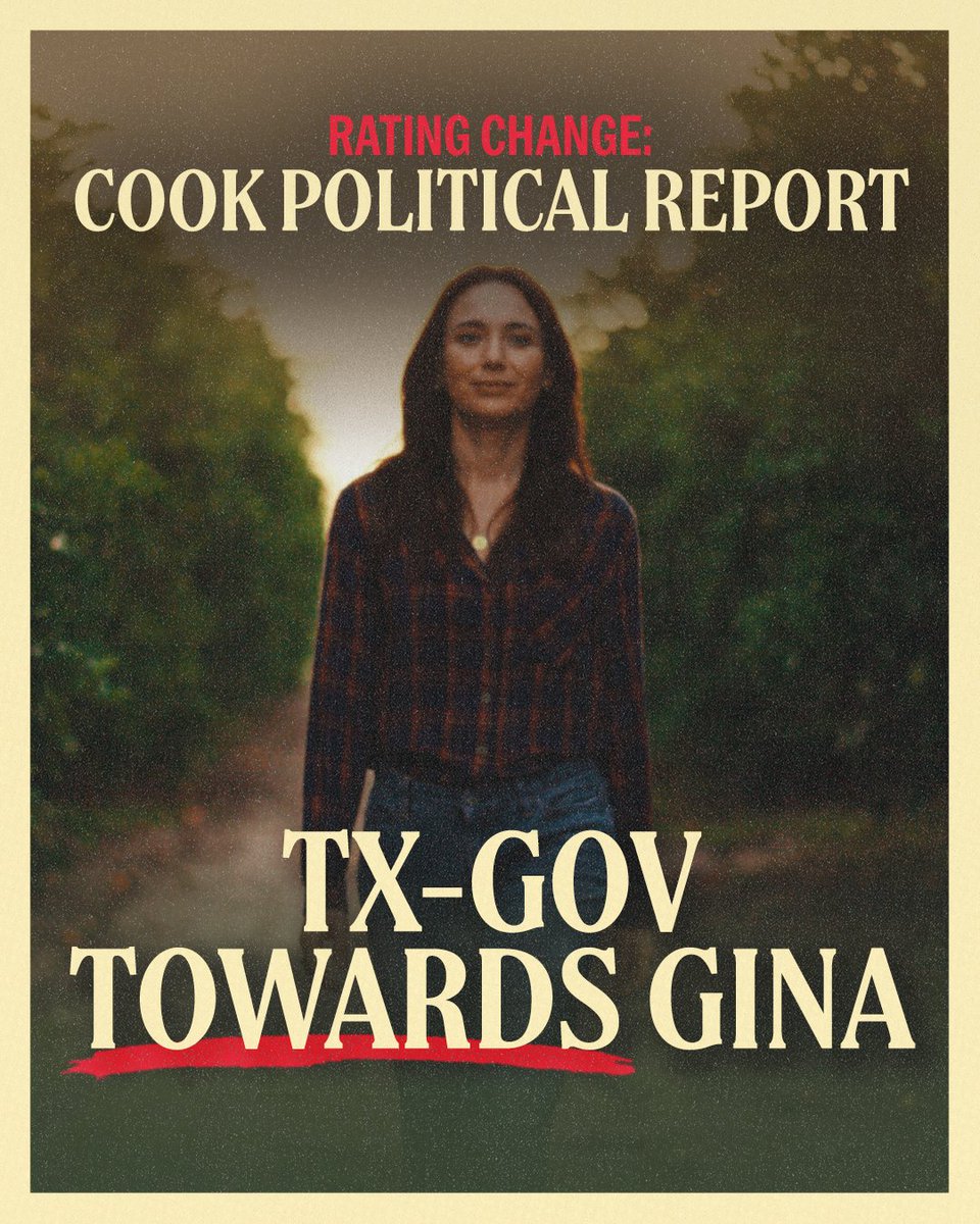 GinaHinojosaTX's tweet photo. NEW: Cook Political Report just shifted their TX-Gov rating in our favor.

Texans are ready for a governor who will restore the American Dream by saving Texas schools and putting money in your pocket. https://t.co/2zyVW7lBS9