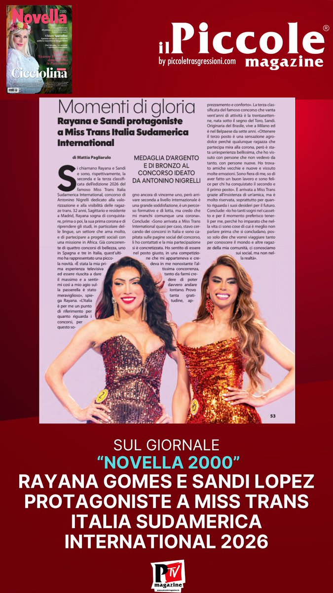 PiccoleMag's tweet photo. Rayana Gomes e Sandi Lopez protagoniste a Miss Trans Italia Sudamerica International 2026
Leggi l'articolo:https://t.co/DfDwFFs4EP
#MissTransItaliaInternational2026 #MissTransItalia #Eleganza #Bellezza #Evento #PiccoleMagazine #CanaleItalia71 https://t.co/w8zNfMpY7t