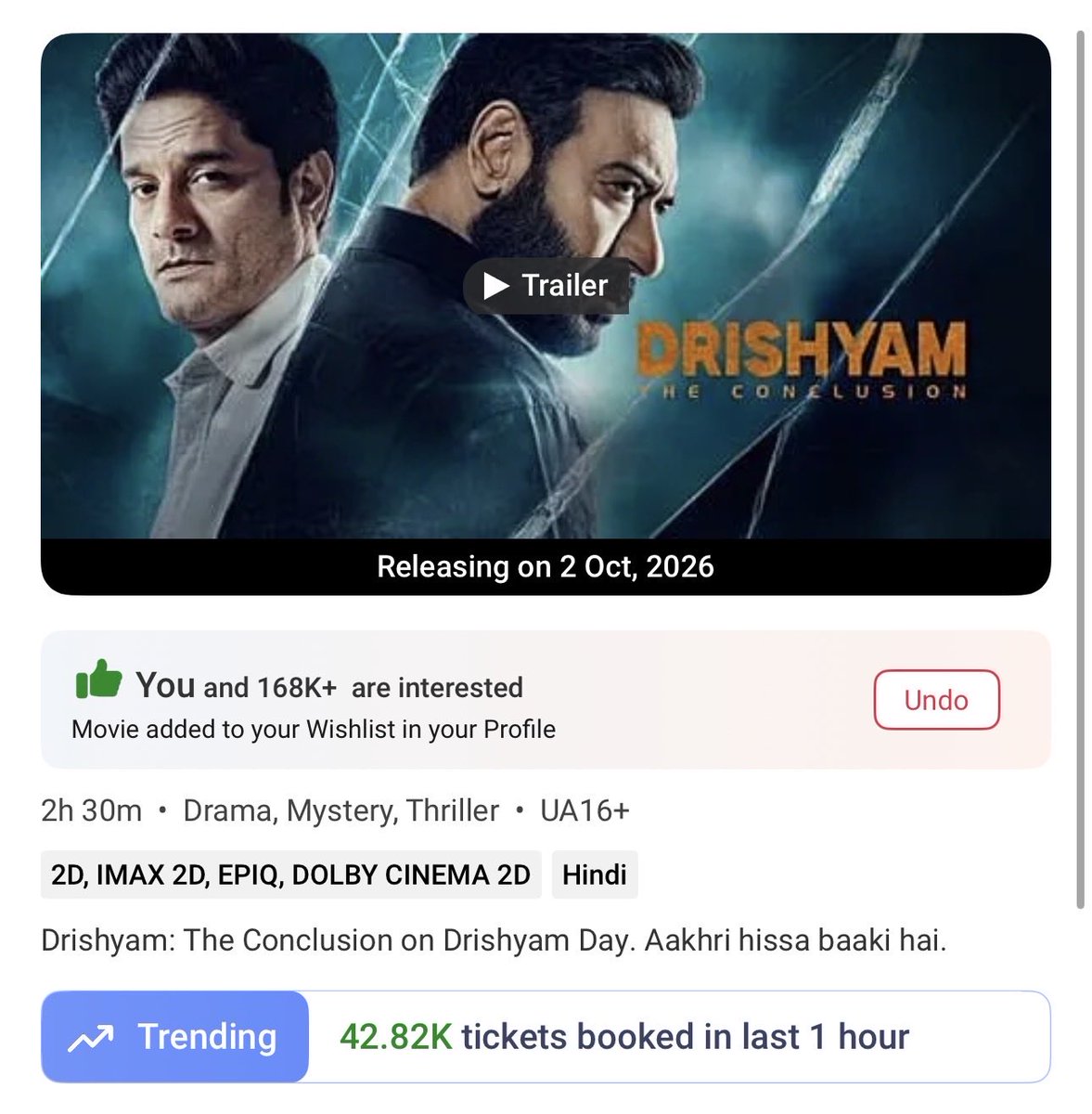 NishantADHolic_'s tweet photo. Are we witnessing 50K tickets per hour before release?! 🫡💥🧨🔥💥

#Drishyam3 43K tickets ✅ https://t.co/n4UqySv43z