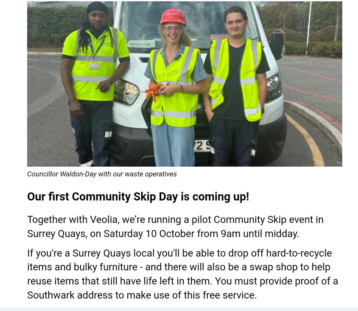 IRotherhithe's tweet photo. Saturday 10 October 9am-12
Community Skip event in #SurreyQuays with @lb_southwark &amp; @VeoliaUK
Surrey Quays locals can drop off hard-to-recycle items &amp; bulky furniture
You must provide proof of a Southwark address to make use of this free service.
https://t.co/K6fCRCcVH2 https://t.co/x3jX1CKa2W
