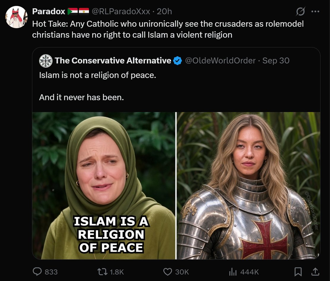 not__vee's tweet photo. You hate the crusades because they sacked muslims.

I hate the crusades because almost all failed and one ended up sacking the holiest of the christian cities.

We are not the same. https://t.co/9Oa93BjngQ