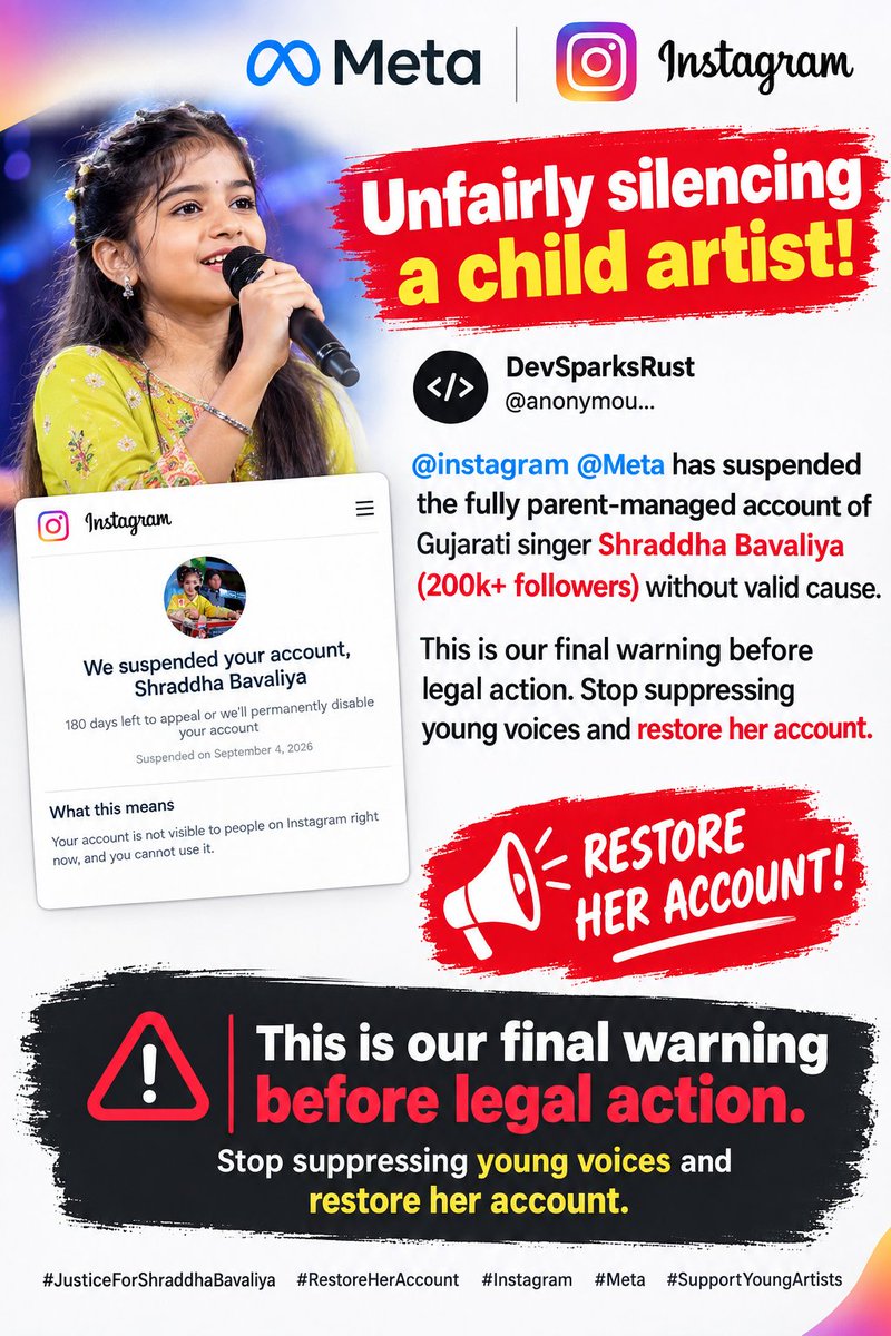 anonymous_1812_'s tweet photo. Unfairly silencing a child artist!

@instagram @Meta has suspended the fully parent-managed account of Gujarati singer Shraddha Bavaliya (200k+ followers) without valid cause.

This is our final warning before legal action. https://t.co/EatCbUk2Ua