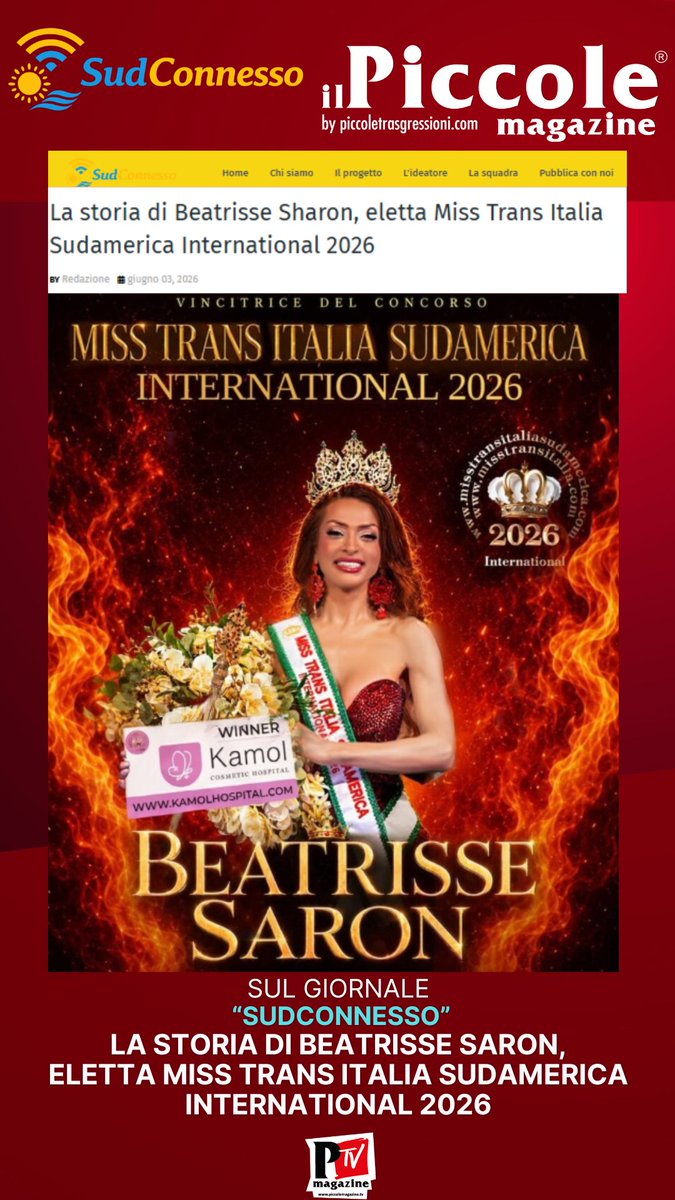 PiccoleMag's tweet photo. La storia di Beatrisse Saron, eletta Miss Trans Italia Sudamerica International 2026
Leggi l'articolo: https://t.co/FOjT6jcWwJ
#BeatrisseSaron #MissTransItaliaInternational2026 #MissTransItalia #Eleganza #Bellezza #Evento #PiccoleMagazine #CanaleItalia71 https://t.co/tiqvmUx81G