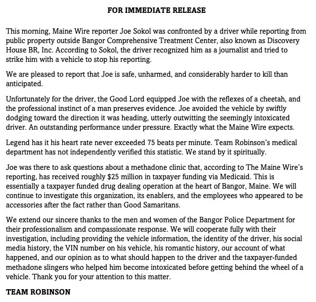 TheMaineWire's tweet photo. Official statement on the murder attempt against our reporter: https://t.co/Rwf60w0Vv7