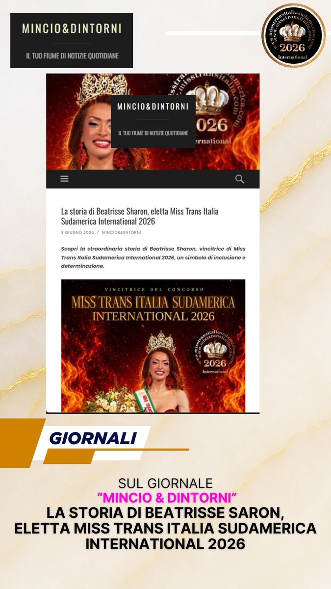 PiccoleMag's tweet photo. Beatrisse Saron conquista la corona di Miss Trans Italia Sudamerica International 2026
leggi l'articolo: https://t.co/y420rPWNTW
#BeatrisseSaron #MissTransItaliaInternational2026 #MissTransItalia #Eleganza #Bellezza #Evento #PiccoleMagazine #CanaleItalia71 https://t.co/M9hiWiXFwp