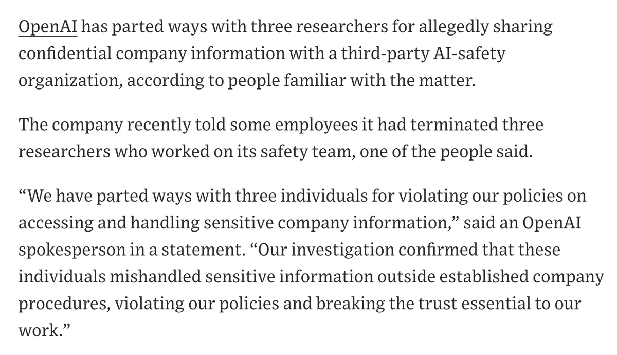 bubbling_creek's tweet photo. Wow, per the WSJ these safety researchers were fired for 'allegedly sharing confidential company information with a third-party AI-safety organization' https://t.co/bo8iUU6jwp