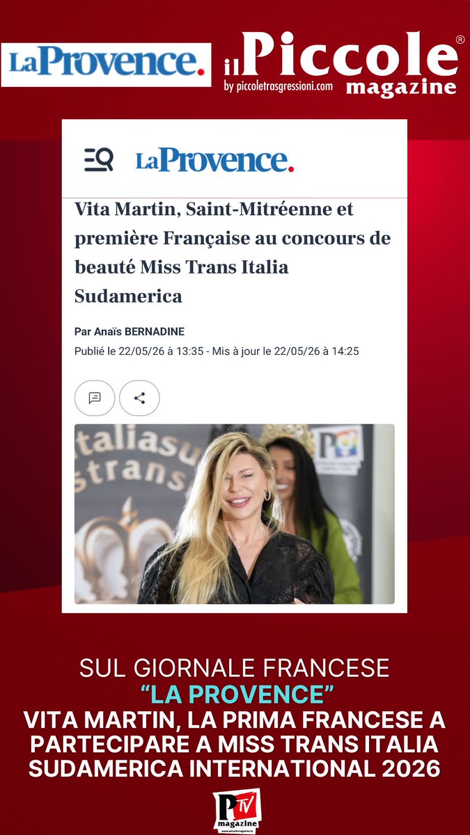 PiccoleMag's tweet photo. Vita Martin, la prima francese a partecipare a Miss Trans Italia Sudamerica International 2026
Leggi l'articolo: https://t.co/dvoTEo3AGk
#BeatrisseSaron #MissTransItaliaInternational2026 #MissTransItalia #Eleganza #Bellezza #Evento #PiccoleMagazine #CanaleItalia71 https://t.co/6Ova3m2Ei7