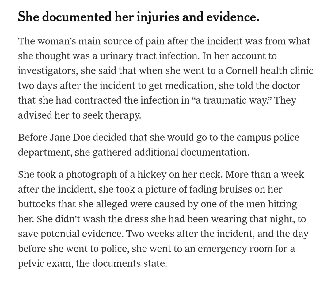 GogIvanka's tweet photo. Two days after Jane Doe was assaulted, she visited the Cornell health clinic for UTI medication and told the doctor she contracted it in "a traumatic way"— that's not how anyone describes a consensual encounter.

​She also kept the dress she wore that night unwashed to preserve evidence. That’s not what someone does after a consensual encounter.