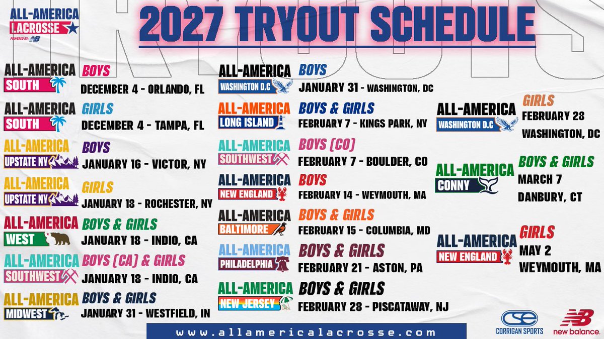 CSELax's tweet photo. ALL-AMERICA TRYOUT SCHEDULE🇺🇸🥍

Tryout season is fast approaching so get in for your chance to Rep Your Region in year 22! 

Full tryout details and registration at https://t.co/WOdfNhtiYD https://t.co/HZ4ETusTeX