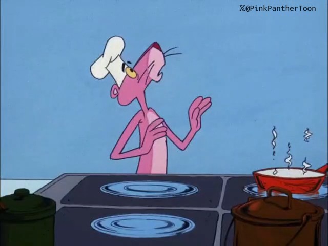 The Pink Panther, dressed as a chef in a tall white hat, stands gesturing toward a steaming pan on a stovetop, apparently unaware that trouble is on the way. The watermark "@PinkPantherToon" appears in the top right corner, tying the cartoon scene to the post's foreshadowing of an impending kitchen mishap.