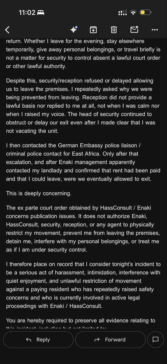 hnnsbnd's tweet photo. Kenya - is there any place that’s safe?
I was basically taken hostage - I had my movements restricted by HassConsult at their Enaki Town property.
After I reported my neighbor, thomas ogutu, scammed and threatened my life, and walks around with a gun…they have been trying to get arrested: me!

They even said ogutu, who walks around with a loaded gun, is part of their leadership in their cease and desist letter.
I paid over $10k+ in advance rent, and had no issues but provided even free workshops at Enaki worth $5k+.
When they didn’t restrict ogutu to come near me or not wear his gun, I posted factually accurate on tiktok and Google Maps. People told me with the corruption I faced at police/DCI, public posts would scare them and ogutu from harming me.
Then they sued me after sending me attached cease and desist.

After a temporary order was granted, they started to harass me by not allowing me and my team to leave the Enaki Town property unlawfully.
I had to call the German Embassy at night to leave and come back freely to my apartment.

They later said ogutu is not part of their team…yeah, sure…but he still lives there while I had to move out of fear for my life.
And they started their harassment while knowing I was not only had my life threatened but was (and am still) mourning the recent passing of my beloved mother.

Super aggressive and absolutely cruel lawyer and leadership team at HassConsult.
And don’t give them a negative Google Maps review. They might not be able to sue that many people.

Every criminal and con man needs the environment to thrive in.
HassConsult and Enaki Town provided the perfect high net worth victim pond for con man ogutu to fish in.
And they’re just as bad imho, so many residents complain. Am just the only speaking up.

Also check this website with more complaints from residents: