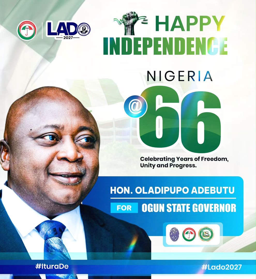 ladiadebutu's tweet photo. OUR NIGERIA IS 66 🇳🇬

Today, as we celebrate 66 years of Nigeria’s independence, we celebrate the strength, resilience and contributions of the people of Ogun State and Nigerians across the country to the growth and development of our great nation.

At this point in our national journey, we must recognise that the task of building the Nigeria we desire is our collective responsibility, for Nigeria belongs to all of us.

It calls for responsible leadership, accountable institutions, responsible citizenship and a shared commitment to the common good. It requires us to rise above personal interests, differences and divisions, and dedicate ourselves to building a nation that works for all.

Ogun State has always played its part in the growth and development of Nigeria. We must continue to contribute our strength, enterprise and ideas to building a nation that we can all be proud to call home.

This is a time to renew our commitment to a Nigeria that is united, prosperous, secure and full of opportunities for every citizen. A time to take responsibility, serve with dedication and give our best to the nation we call home.

Happy 66th Independence Anniversary, Nigeria. 🇳🇬
