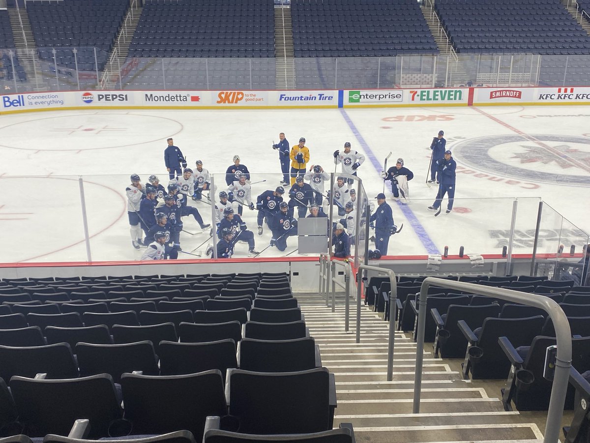 KMooreCJOB's tweet photo. The #NHLJets congregation gathered for final full practice ahead of season/home opener Friday vs Boston. No change to lines and D pairs from preseason finale. 
@JShannonhl @millchew @UtilityVoice @MitchellClinton @CJOBchristian on the broadcast tomorrow at 5pm CT on @680CJOB https://t.co/vYoKSggoEM
