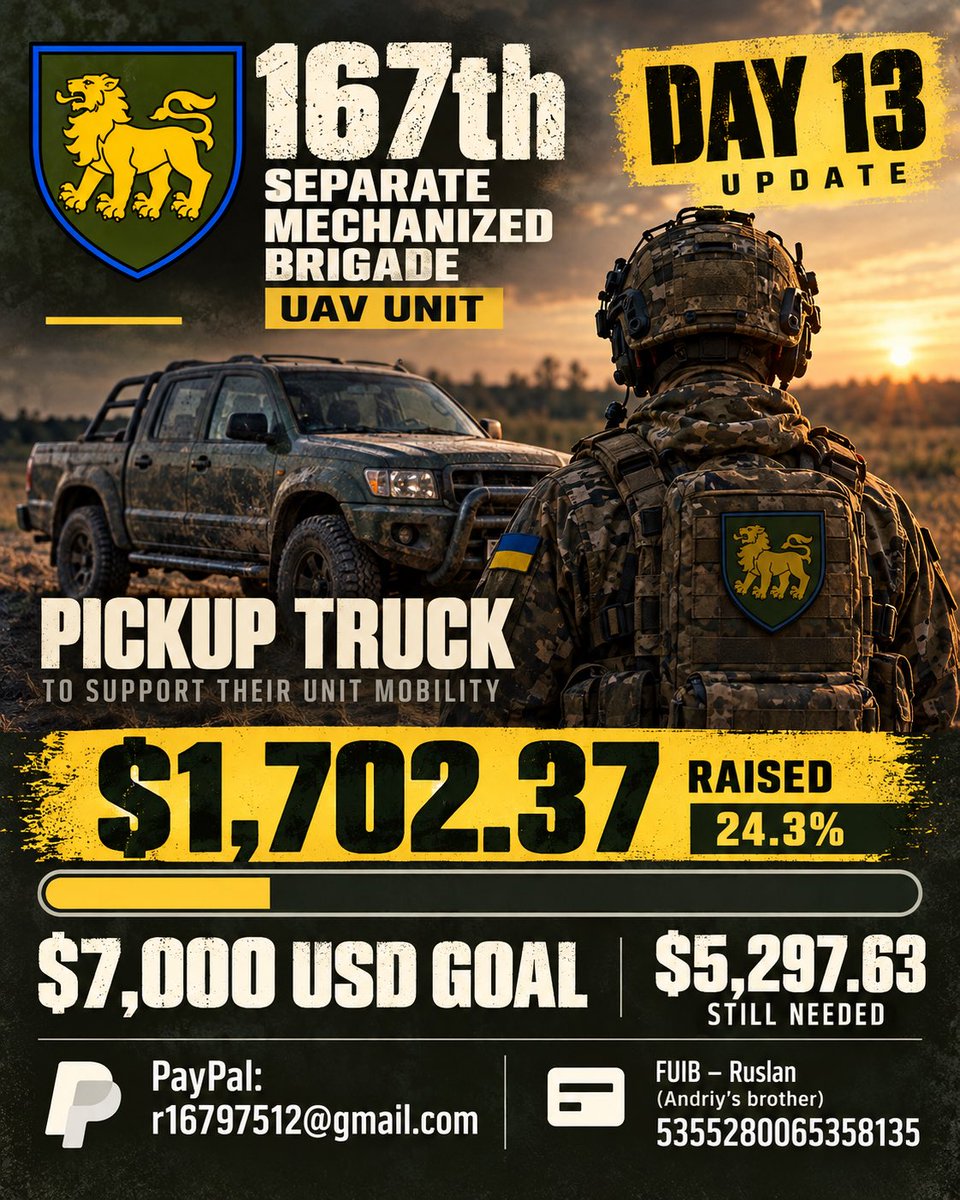 tanyawoz4's tweet photo. 🦁 DAY 13 ⚔️ THE LION OF THE 167th

I want to start again 👀🤷‍♀️ by telling you who we are helping and why.

My cousin Andriy is serving in a UAV unit with Ukraine’s 167th Separate Mechanized Brigade.

Their symbol is the golden lion representing courage, dignity and resilience.

UAV units need more than drones. They need communications, equipment and mobility. Andriy’s unit needs a pickup truck to move their people and equipment where they need to go.

That is where we come in.

We are raising $7,000 USD for the truck and necessary maintenance. If we are able to raise enough beyond that, we also hope to help them with a Starlink.

🦁 167th Separate Mechanized Brigade: UAV Unit
🚙 Goal: $7,000 USD
💰 Raised: $1,702.37 - 24.3%
🎯 Still needed: $5,297.63

PayPal: r16797512@gmail.com
FUIB - Ruslan: 5355280065358135

This is my cousin, but this truck is for the unit he serves with.

If you would like to stand with us, this is our collection. Every donation, share and comment helps us move it forward. 🇺🇦

PS $5 donation enters you into raffle with amazing prizes.