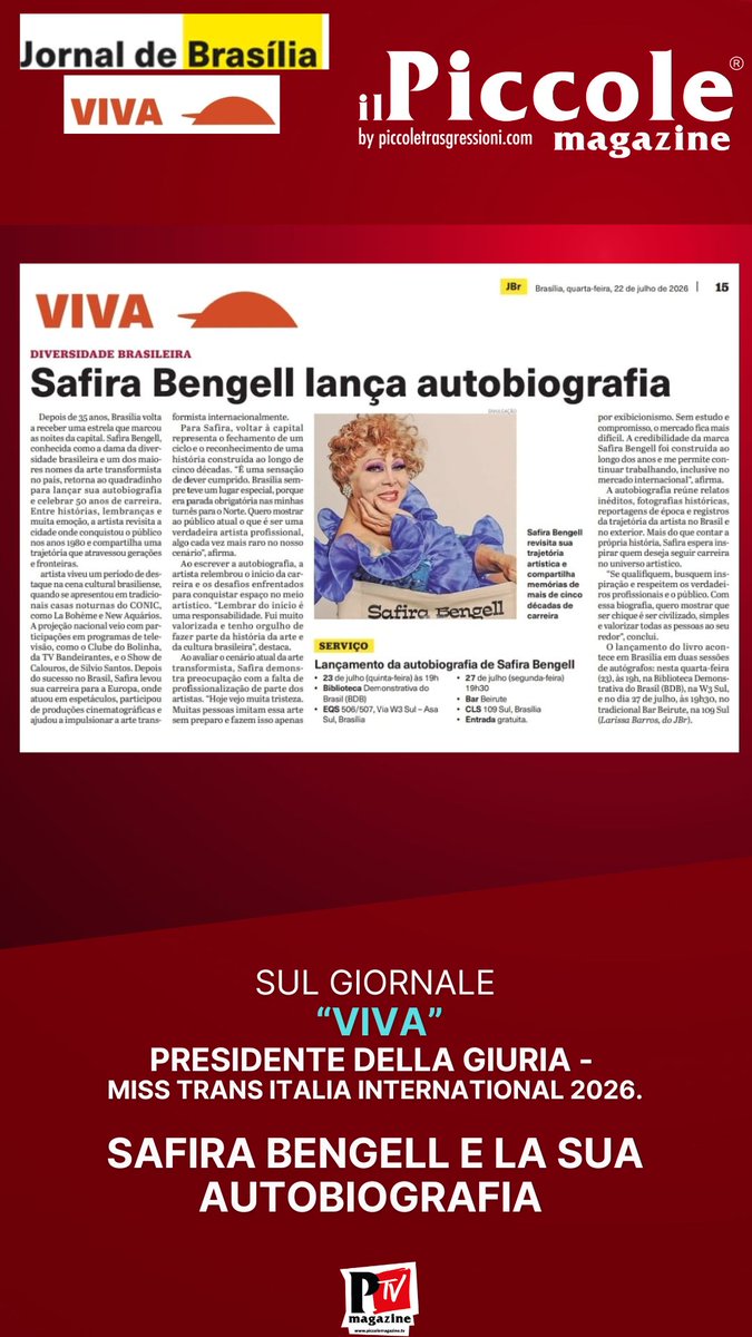 PiccoleMag's tweet photo. Safira Bengell, una vita trasformata in arte: la presidente di giuria di Miss Trans Italia Sudamerica International 2026 racconta la sua storia
Leggi l'articolo: https://t.co/7cCVApQcPk
#MissTransItaliaInternational2026 #MissTransItalia #Evento #PiccoleMagazine #CanaleItalia71 https://t.co/9sWPkbRNmA