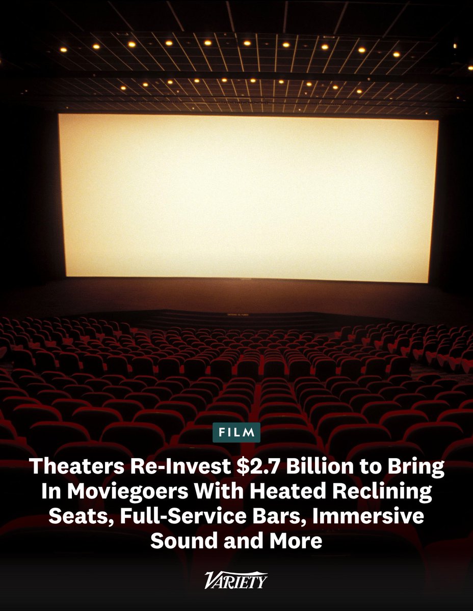 Variety's tweet photo. Movie theaters across North America are investing $2.7 billion in major upgrades and innovations, including more heated reclining seats, expanded food and beverage services, and premium large formats. 

“From the world’s largest circuits to independent theaters on Main Streets across this great nation, theater owners have shown how much they believe in the future of the big screen, and 2026’s strong box office proves that commitment is paying off,” said president and CEO of Cinema United. “When a theater reinvests in itself, everyone wins — moviegoers get a better experience, studios get a stronger platform, local businesses benefit, and contractors get the work that comes with it. Cinema United members are reaffirming that there is nothing like seeing a movie on a big screen. Every investment in a movie theater is an investment in the community it serves, which is why moviegoing will remain essential for generations to come.”

https://t.co/Y6tTpEsP1S
