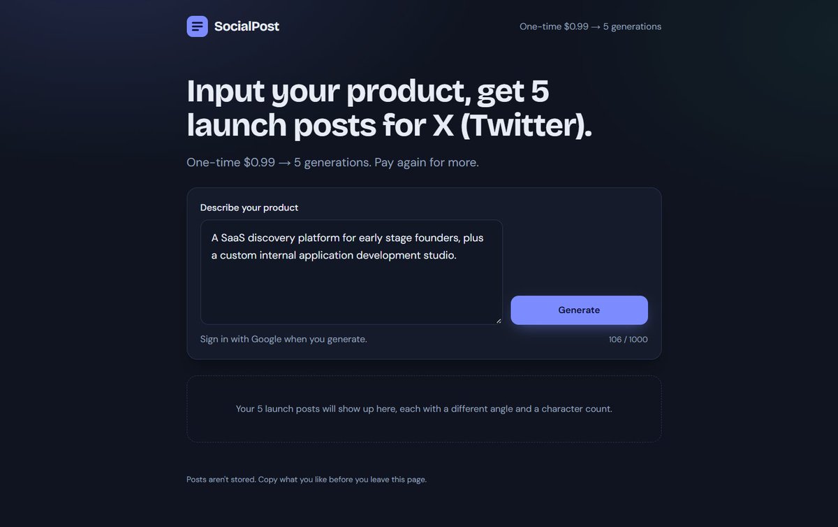 ankitkac's tweet photo. Day 6

Shipped a launch post generator for X.

Input your product. Get 5 posts with different angles, ready to copy.

https://t.co/iSElosw2fs