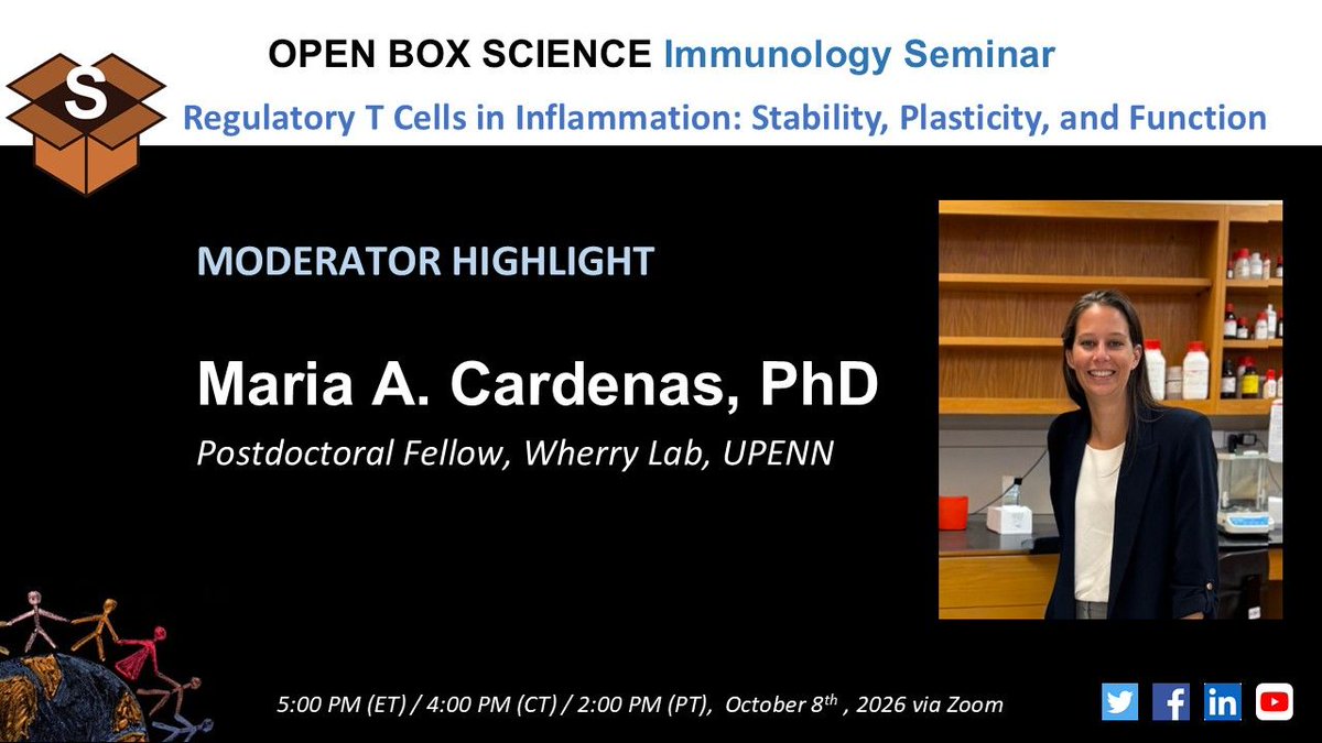 OpenBoxSci's tweet photo. Upcoming OBS Immunology Seminar

Moderator highlight!

Maria A. Cardenas, PhD
Postdoc, Wherry Lab, UPENN

Thurs, Oct 8th, 2026 
5pm ET | 4pm CT | 2pm PT
Zoom 👇️ https://t.co/DlAXGjcU1W