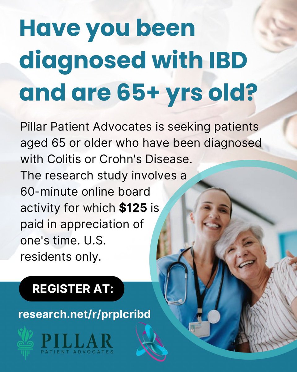 propelacure's tweet photo. Pillar Patient Advocates is seeking patients aged 65 or older who have been diagnosed with Colitis or Crohn’s Disease. The upcoming market research study involves completing a 60-minute online board activity for which $125 is paid in appreciation of one’s time and input. The purpose is to learn more about patient experiences and opinions while responding to various prompts.

To determine if you qualify, please complete our registration at https://t.co/s2l5TJHDSJ. A Patient Liaison will call you to go through a few screening questions. This study is for US residents only.

#ibd #crohnsdisease #ulcerativecolitis #uc #ibdawareness