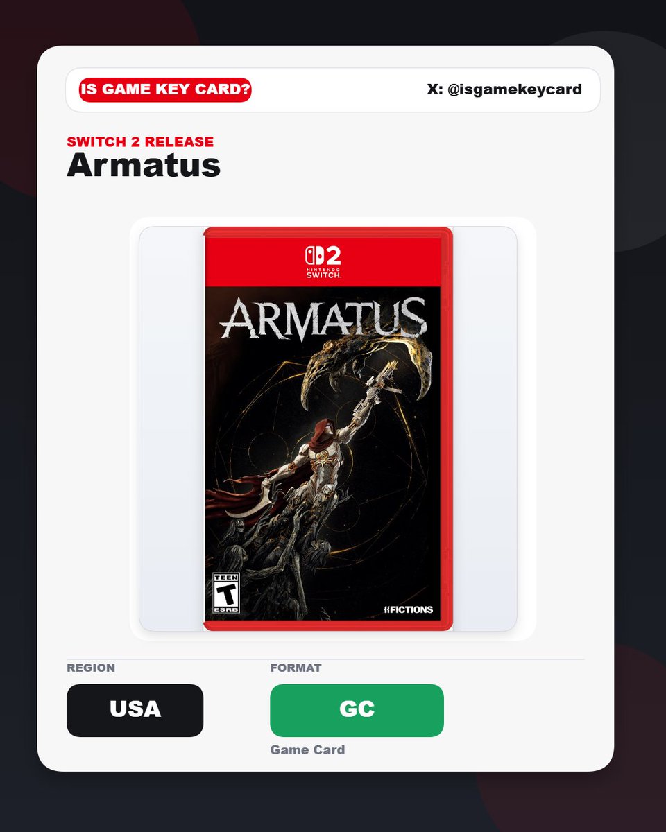 IsGameKeyCard's tweet photo. 🟢 Armatus will be distributed as a real Game Cartridge in USA. #Switch2 #PMStudios #GameCard https://t.co/h3D2wRT1xm