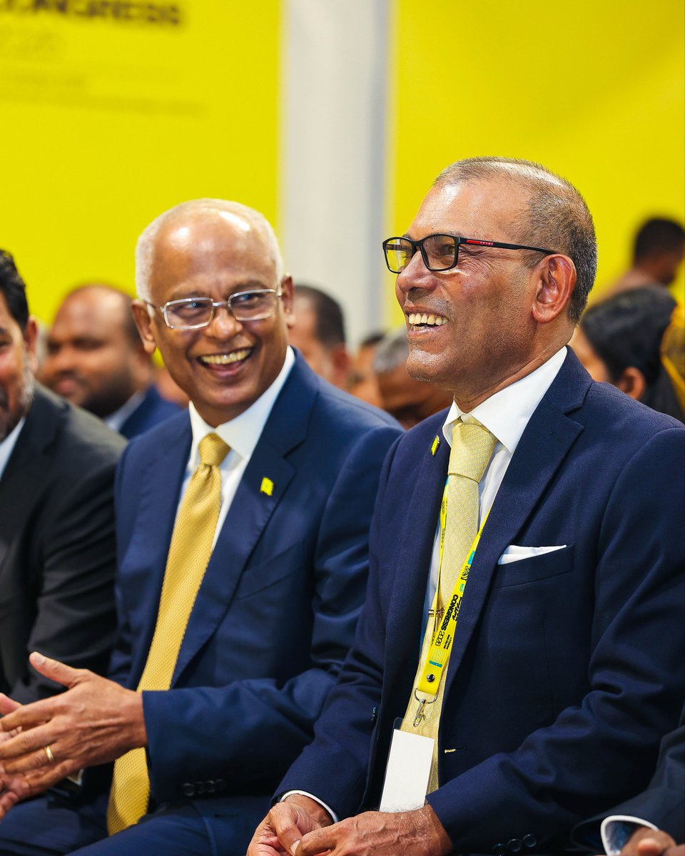 MDPSecretariat's tweet photo. Presidents @MohamedNasheed and @IbuSolih participating in the party’s 5th congress 💛⚖️

#MDPCongress2026 
#RahvehiTharaggee 
#RahvehiUfehdhun https://t.co/uuQEb6YiTd