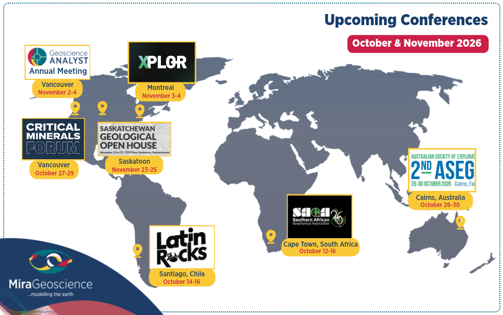 MiraGeoscience's tweet photo. In the next 2 months, our team will be at several #Conferences across the world. 
From #Workshops to #TechnicalPresentations, we'll be sharing insights with the geoscience community, fostering collaboration, and exploring the latest advances in #Exploration and #Mining workflows. https://t.co/7V0xYCePS1