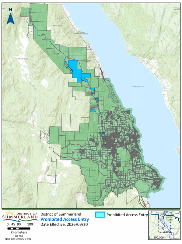 EmergencyInfoBC's tweet photo. The District of #Summerland has rescinded the Evacuation Order & issued a Prohibit Entry Order for all remaining properties due to the Bald Range #BCWildfire (K51490).  A person must not enter the area identified in the map for purposes of occupying or visiting the area. More info: https://t.co/WoCmSuTWX1