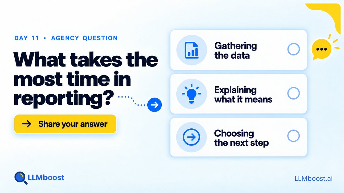 LLMboost's tweet photo. What takes the most time in your client reporting today?

1. Gathering the data
2. Explaining what it means
3. Deciding what to investigate next

The answer usually says more about the workflow than the dashboard.

#AgencyLife #ClientReporting https://t.co/lGfprfov9y