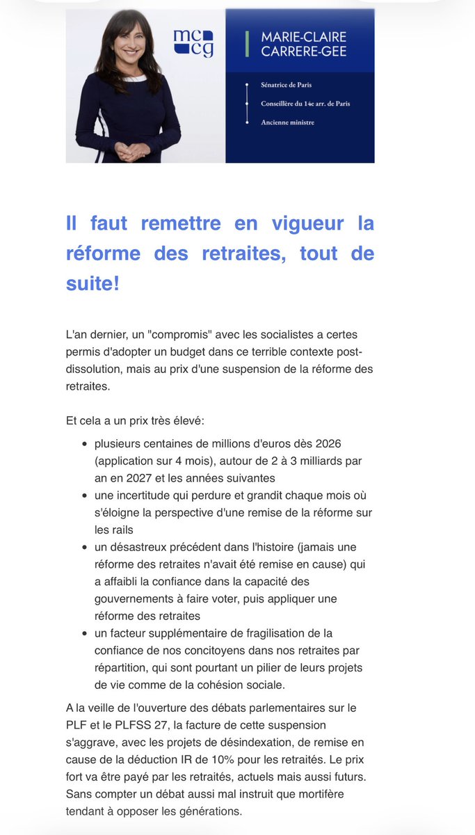MCCG's tweet photo. PLF, PLFSS: nous n’avons pas les moyens de continuer à mettre sur pause la réforme des retraites de 2023. 
Il faut la remettre en vigueur, tout de suite! https://t.co/hBxM45dhBk