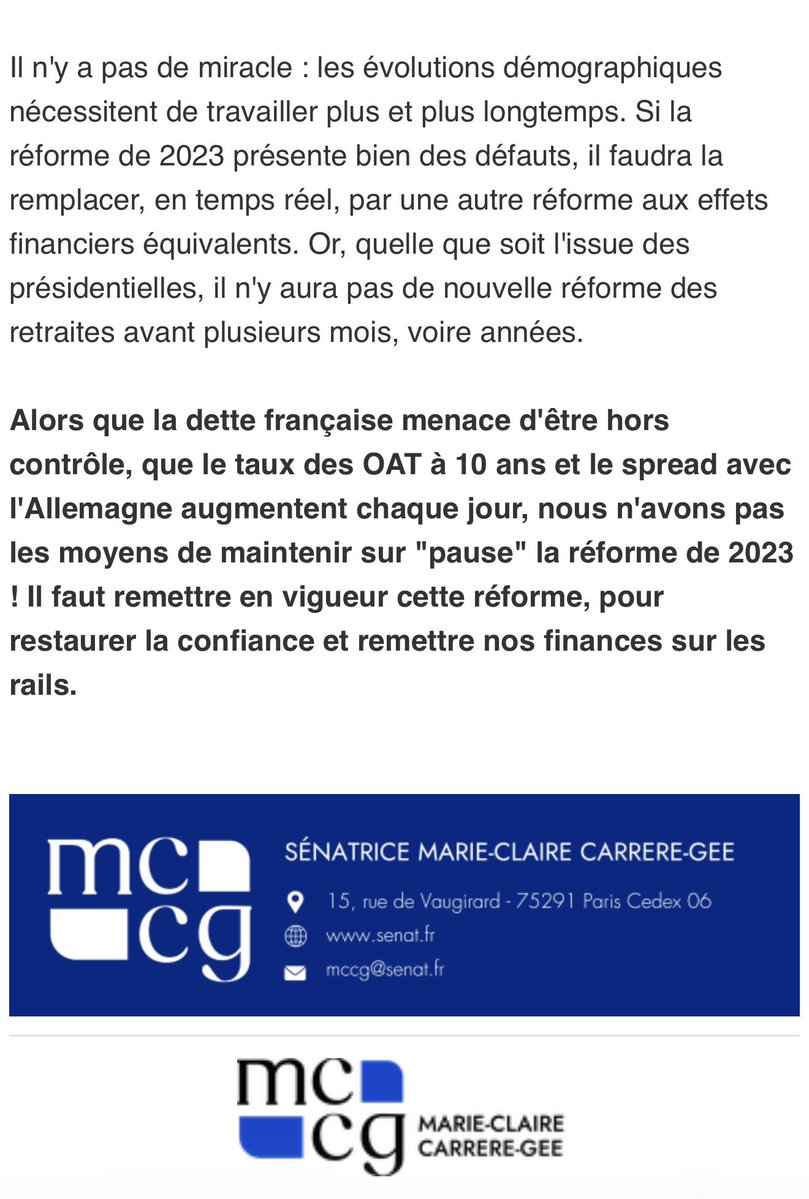 MCCG's tweet photo. PLF, PLFSS: nous n’avons pas les moyens de continuer à mettre sur pause la réforme des retraites de 2023. 
Il faut la remettre en vigueur, tout de suite! https://t.co/hBxM45dhBk