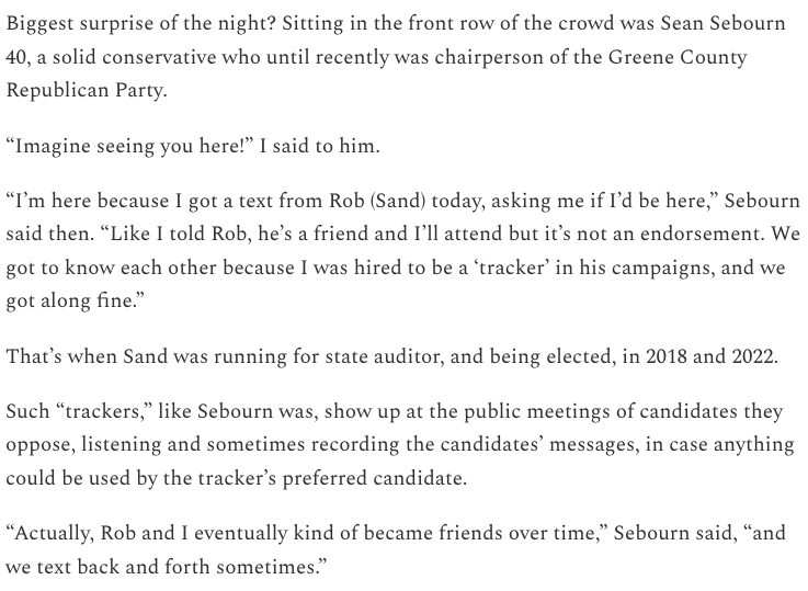 TVietor08's tweet photo. Classic @RobSandIA campaign anecdote here. Rob befriended the GOP tracker from a previous campaign and then invited him to attend a town hall meeting. https://t.co/SlxBA44IdJ