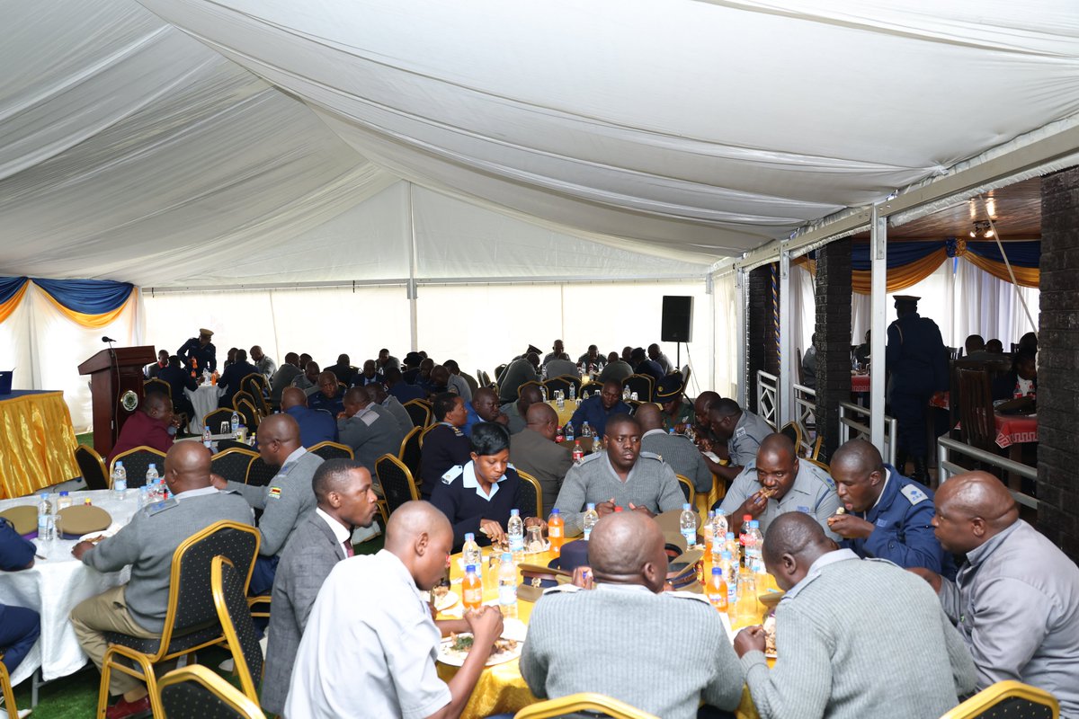 PoliceZimbabwe's tweet photo. The Commissioner General of police, Steven Mutamba has hosted a luncheon for ZRP members from Support Unit’s Sub Aqua, ZRP Kariba District and Mashonaland West Provincial Headquarters who recently participated in the search, rescue and retrieval of bodies and survivors from the Kariba RIDA boat accident scene.