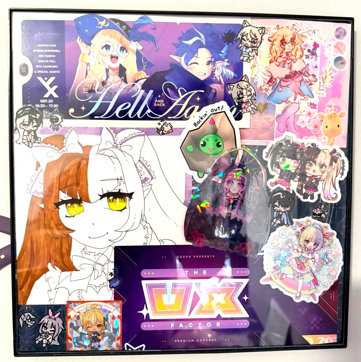 DollyFangs_Art's tweet photo. Made collages of the kind gifts I recieved at #vexpo I never know what to do with stickers so I frame them lol! https://t.co/WjxOY6X4kk