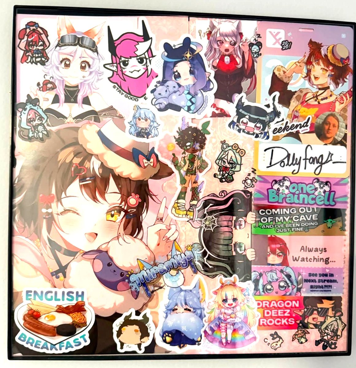 DollyFangs_Art's tweet photo. Made collages of the kind gifts I recieved at #vexpo I never know what to do with stickers so I frame them lol! https://t.co/WjxOY6X4kk