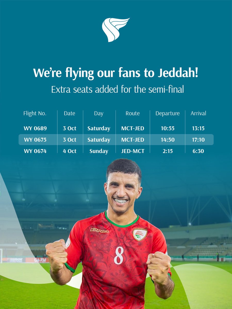 omanair's tweet photo. Connecting Fans to the Semi-Final! ⚽️🇴🇲 

Book now on https://t.co/ruVkue4qa4

#omanair https://t.co/UM0qsxtSaS