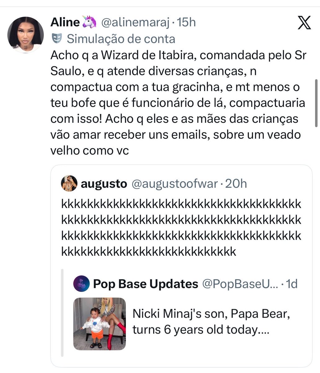 romannewsbrasil's tweet photo. Quando os Barbz querem não brincam em serviço!

Repostou um tweet maldoso sobre o papa bear e ficou debochando dos Barbz  nos comentários, descobriram onde o namorado dele trabalha e até mandaram e-mails e mensagens para a empresa. Logo após, a conta saiu do ar e quem riu por último foram os Barbz.

Não vamos normalizar atacar crianças inocentes simplesmente por não gostarem de alguém, e muito menos debochar e menosprezar o autismo.
