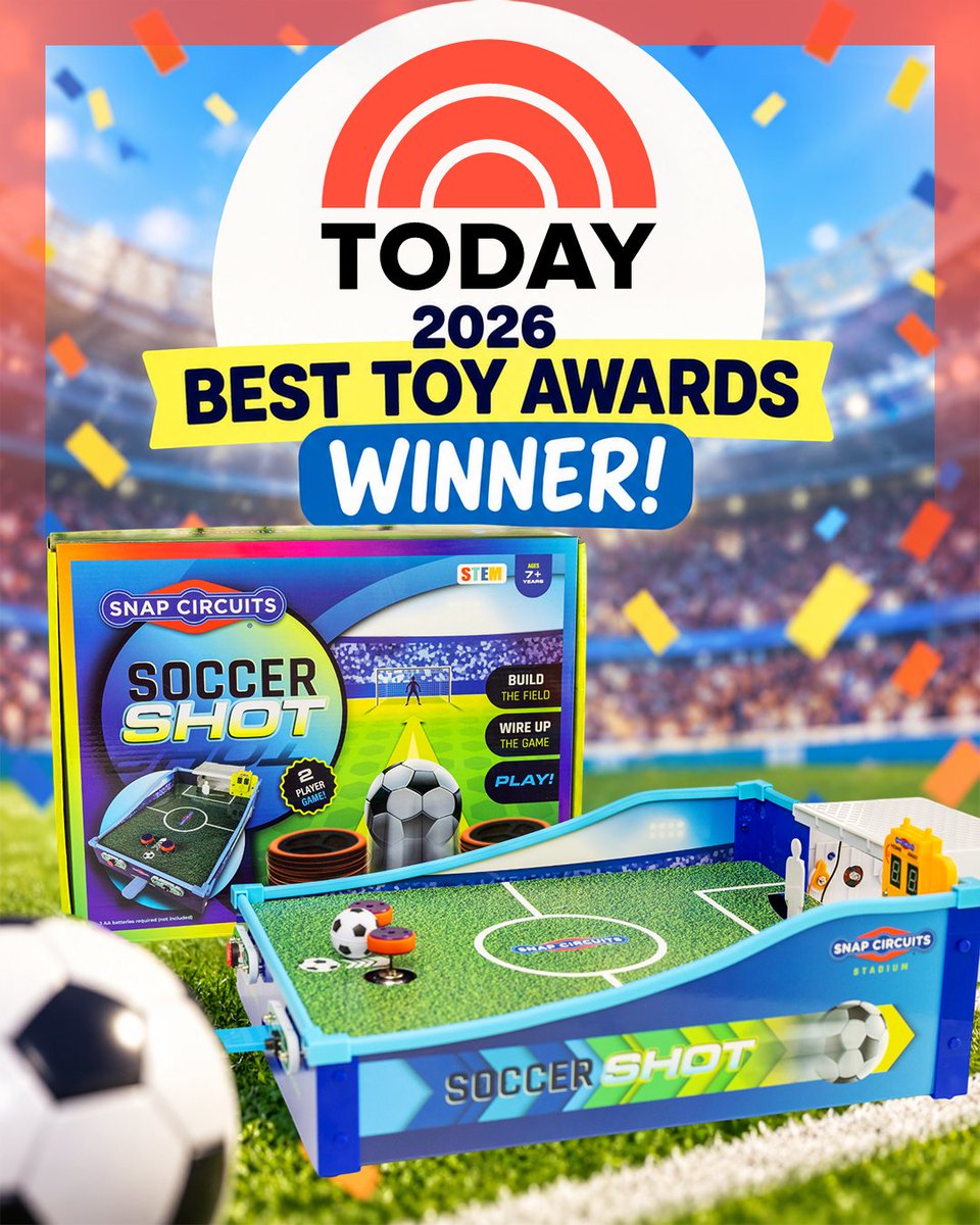 SnapCircuits's tweet photo. STEM meets the soccer field!⚽

SNAP CIRCUITS® SOCCER SHOT has been selected as a winner of the Shop TODAY 2026 Best Toy Awards!🏆

We’re so excited to see SOCCER SHOT recognized among this year’s winning toys!

https://t.co/WR5TQslF0L https://t.co/zRpIaTCaZ9