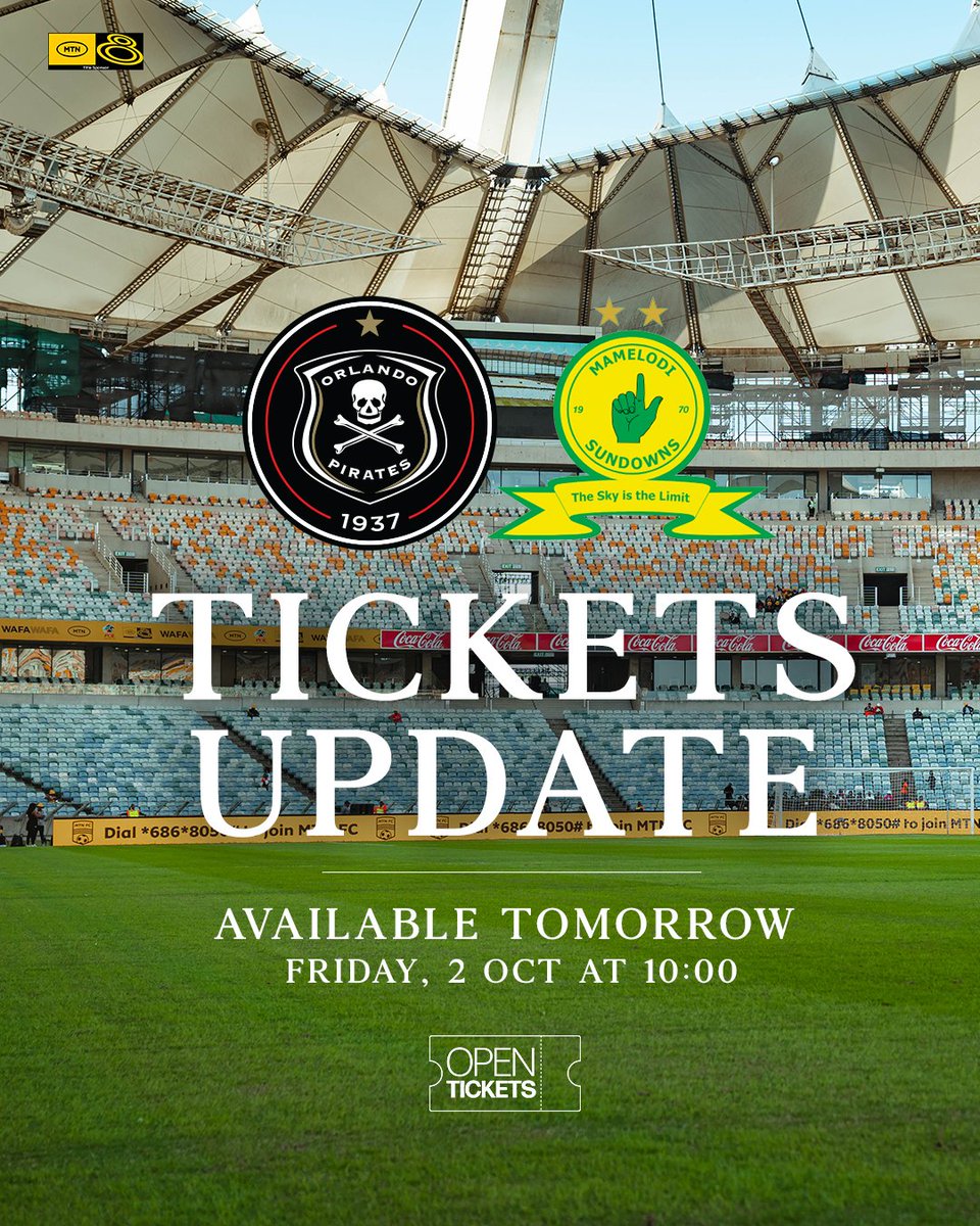 orlandopirates's tweet photo. Tickets for MTN8 Final Available on Friday

💻Read More : https://t.co/wWypepjOg7

⚫⚪🔴⭐
#OrlandoPirates
#OnceAlways https://t.co/gmQB8caO5Z