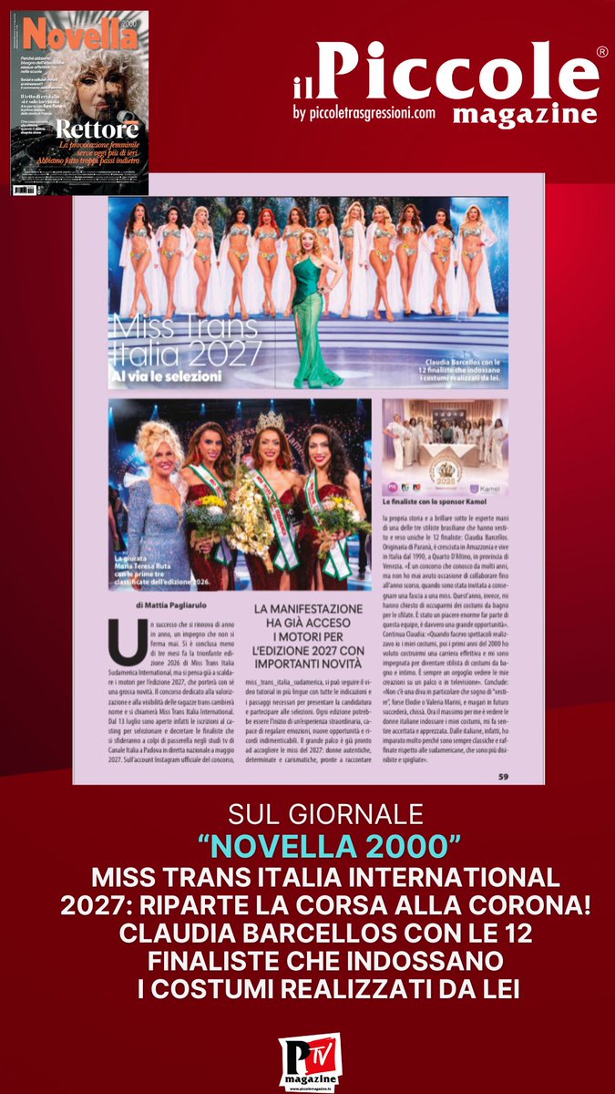 PiccoleMag's tweet photo. Miss Trans Italia International 2027: riparte la corsa alla corona con la stilista Claudia Barcellos!
Leggi l’articolo: https://t.co/fH5TSfJeyM
#MissTransItaliaInternational2026 #MissTransItalia #Eleganza #Bellezza #Evento #PiccoleMagazine #CanaleItalia71 https://t.co/ZeriGwIRaM