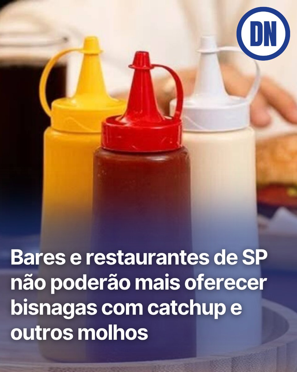 RedacaoDN's tweet photo. Vai comer fora em São Paulo? As tradicionais bisnagas de ketchup e maionese vão sair das mesas.

A partir de domingo (4), bares, lanchonetes e restaurantes deverão oferecer molhos e condimentos em porções individuais.

Entenda a nova regra no Diário de Notícias. Link na bio. https://t.co/7GaIHIMU7I