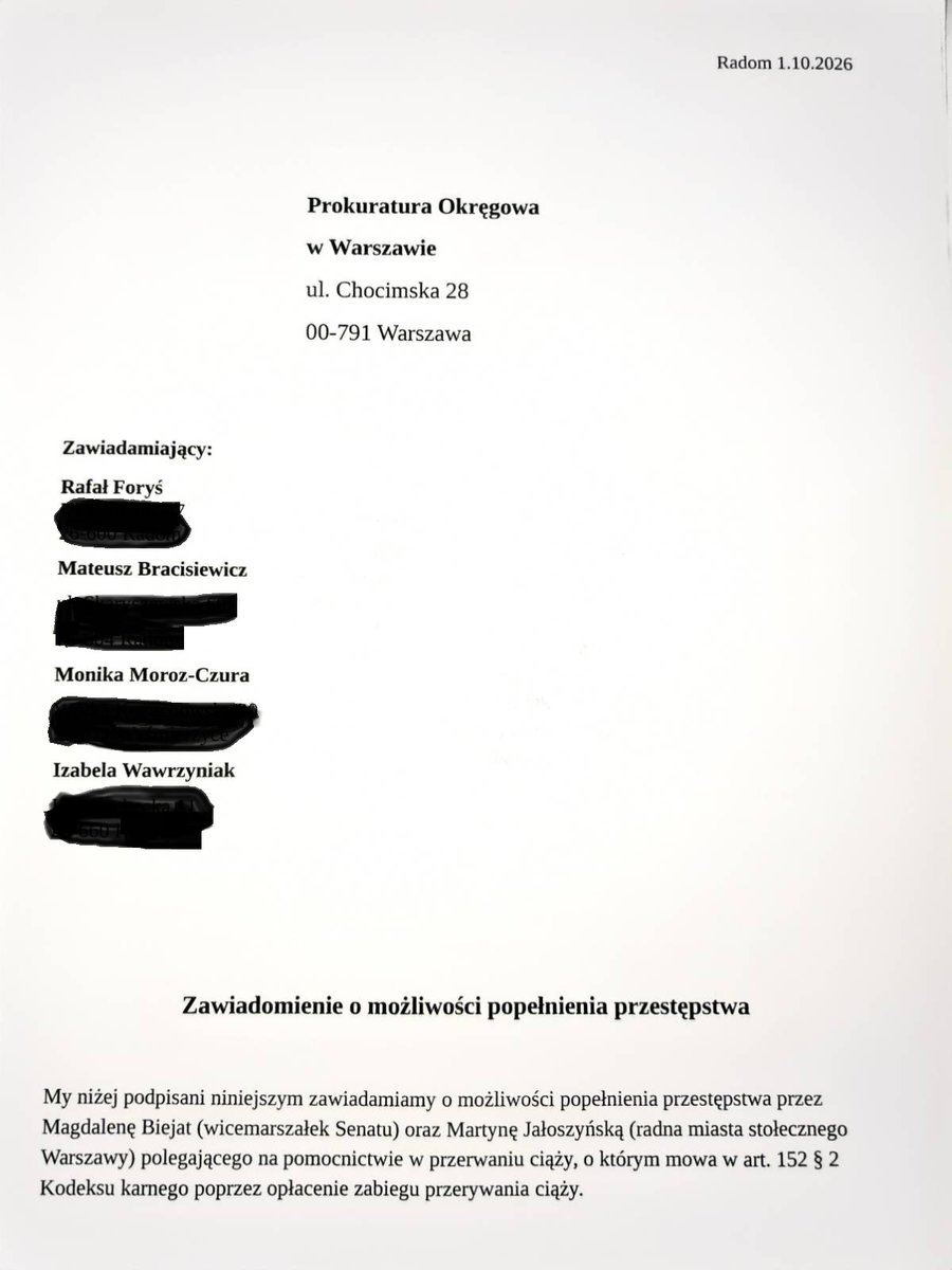 KoronaRadom's tweet photo. Dziś zwołaliśmy konferencje prasową na której poinformowaliśmy o złożeniu zawiadomienia o możliwości popełnienia przestępstwa przez wicemarszałek M Biejat i radną M Jałoszyńską.
Panie wprost przyznają, że opłaciły komuś aborcję co łamie art. 152 par. 2 k.k. https://t.co/MvbxoYmInV