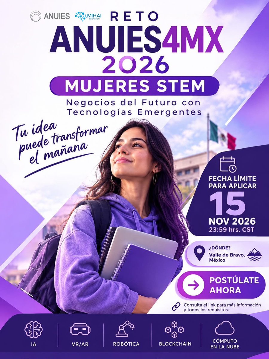 ANUIES's tweet photo. ¿Eres mujer, estudiante de educación superior y tienes una idea innovadora? #ANUIES y @miraiinnovation te llevan 5 días a Valle de Bravo para convertir tu idea en una tech startup real.

Aprenderás sobre IA, Robótica, VR, Blockchain y Cloud.

🔗Registro: https://t.co/BTZTrMGBkO https://t.co/bczfmIzecA