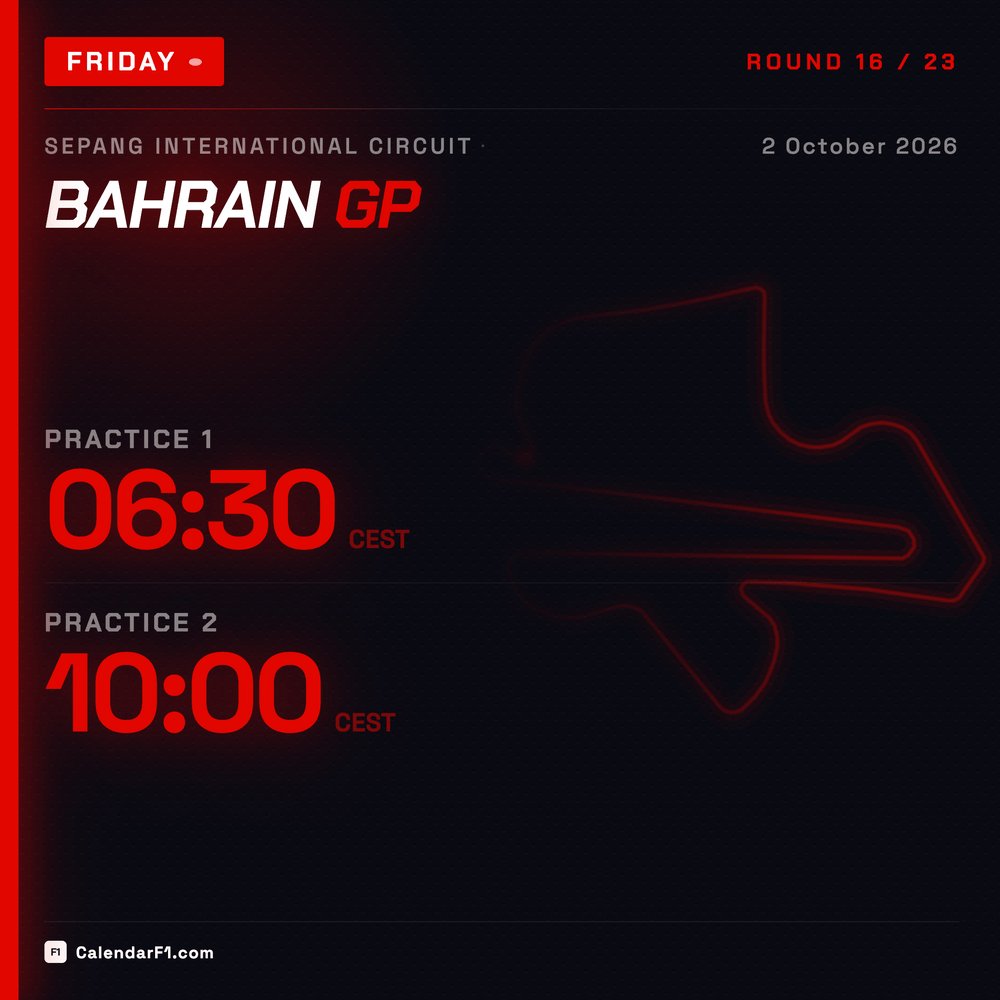 calendar_f1's tweet photo. First laps at Sepang tomorrow! FP1 at 06:30 CEST, FP2 at 10:00. Early start? The CalendarF1 app reminds you before every session, in your timezone. On Android now, iPhone soon: https://t.co/Ukdd1vgVy9

#F1 #BahrainGP https://t.co/8adcTrujgl