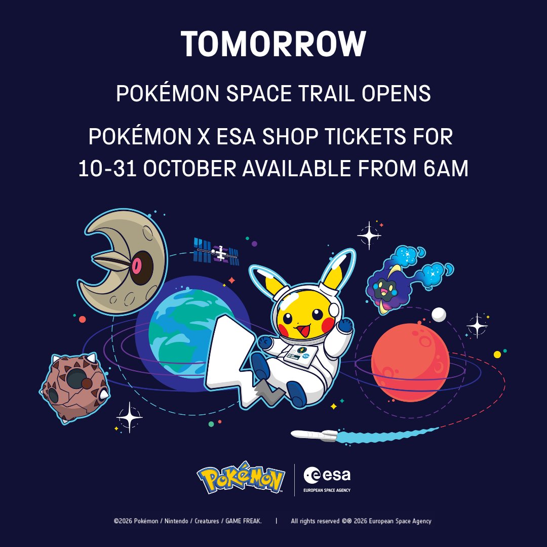 sciencemuseum's tweet photo. 🌟 Pokémon trainers, the countdown is almost over.

Tomorrow, the Pokémon Space Trail lands at the Science Museum, inviting you to discover the wonders of space exploration alongside some familiar Pokémon friends.

And if you're hoping to visit the Pokémon X ESA Shop, tickets for 10-31 October go live at 6am tomorrow morning.

⚡ Don't miss your chance to join the adventure.
#Pokemon #PokemonSpaceTrail #ScienceMuseum #Pokemonxesa #Worldspaceweek2026
