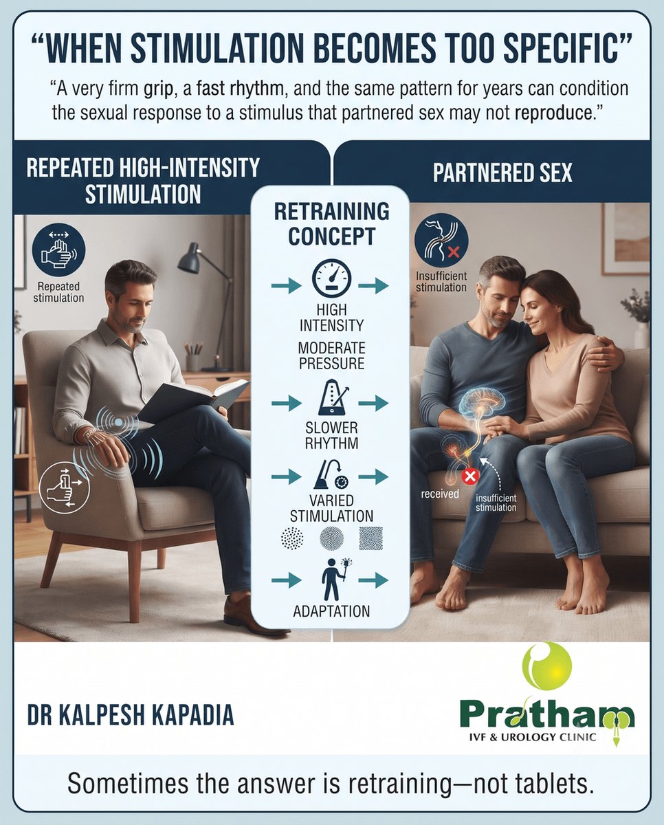 KALPESHKAPADIA3's tweet photo. A very firm grip, a fast rhythm, the same position for years.
The penis can get conditioned to a stimulus that intercourse cannot match.
Lighter pressure, slower pace, varied technique: this often needs retraining, not tablets.
#drkalpeshkapadiauroandrologist #anejaculation https://t.co/a3ialTItXJ