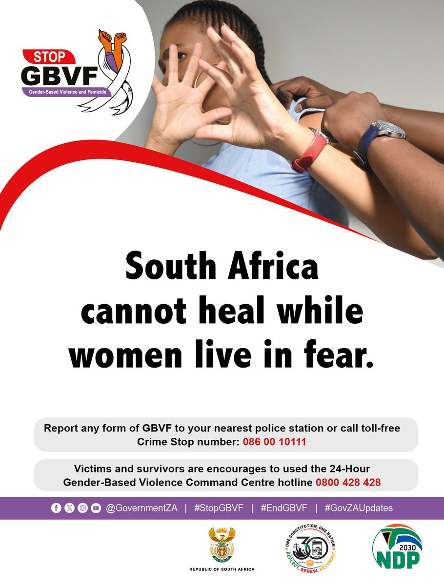 GovernmentZA's tweet photo. South Africa cannot heal while women live in fear! Building safer communities requires collective action and a firm commitment to protecting women and girls. 

#EndGBVF 
#StopGBVF 
#GovZAUpdates https://t.co/tXYy0beTDU