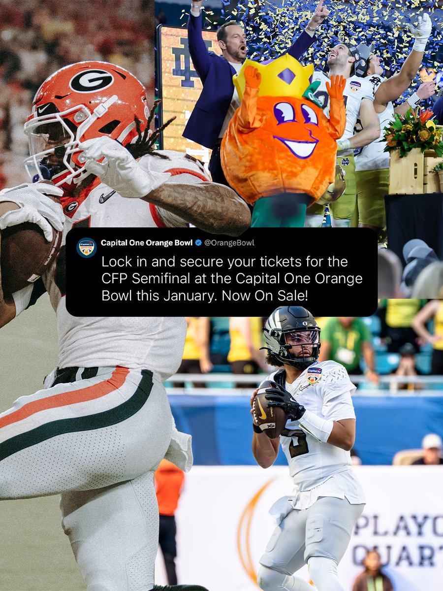 OrangeBowl's tweet photo. Donโt forget tickets for the CFP Semifinal at the Capital One Orange Bowl are ON SALE NOW.
Use the link in bio to secure your seats before theyโre gone.
#CapitalOneOrangeBowl #CFP https://t.co/Qtmag4QIlJ