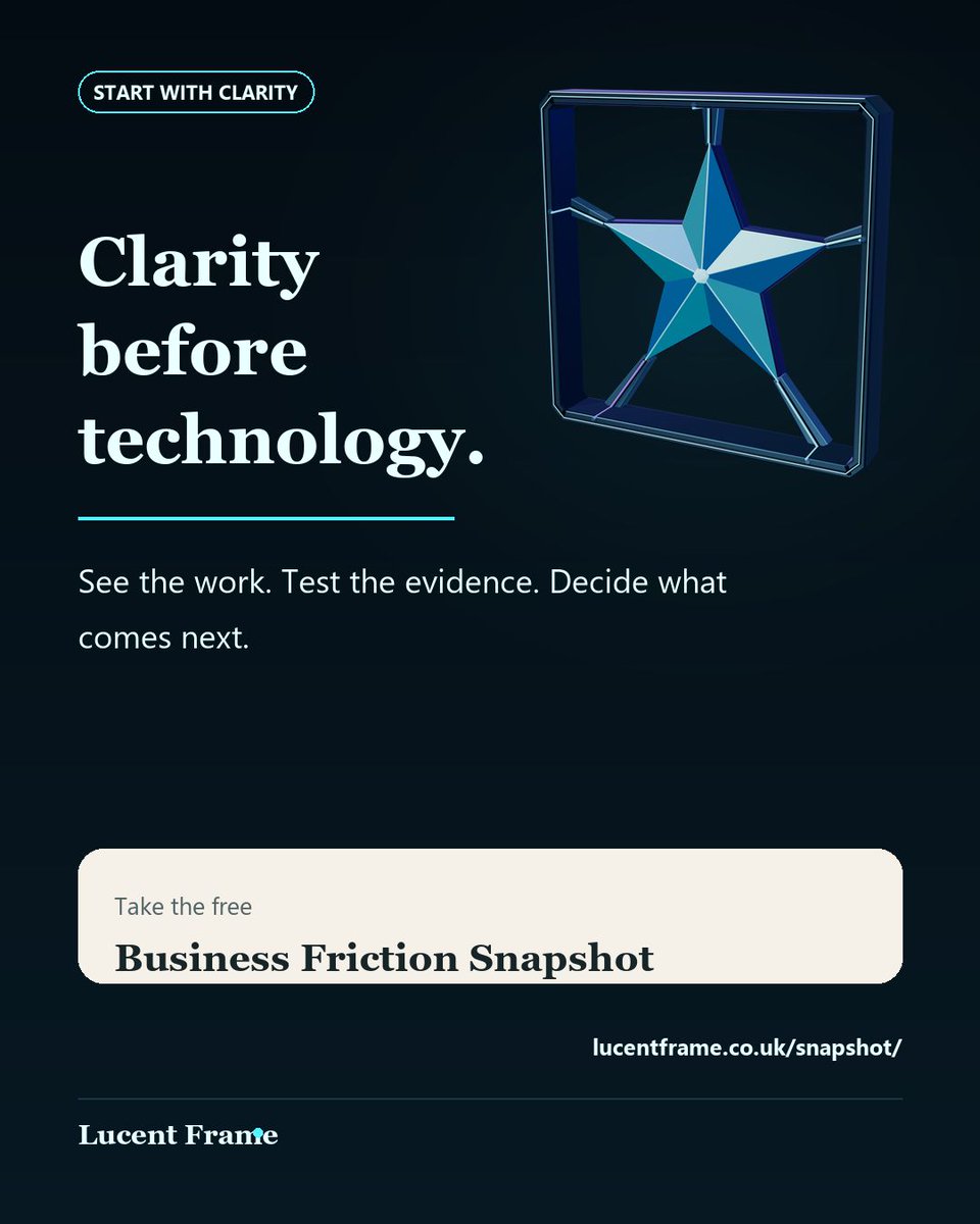 Lucentframe99's tweet photo. Clarity before technology. See the work clearly, then decide what to fix, keep or automate.

Business Friction Snapshot: https://t.co/tQIoEjQ7Mi https://t.co/AkPzL2fJUP