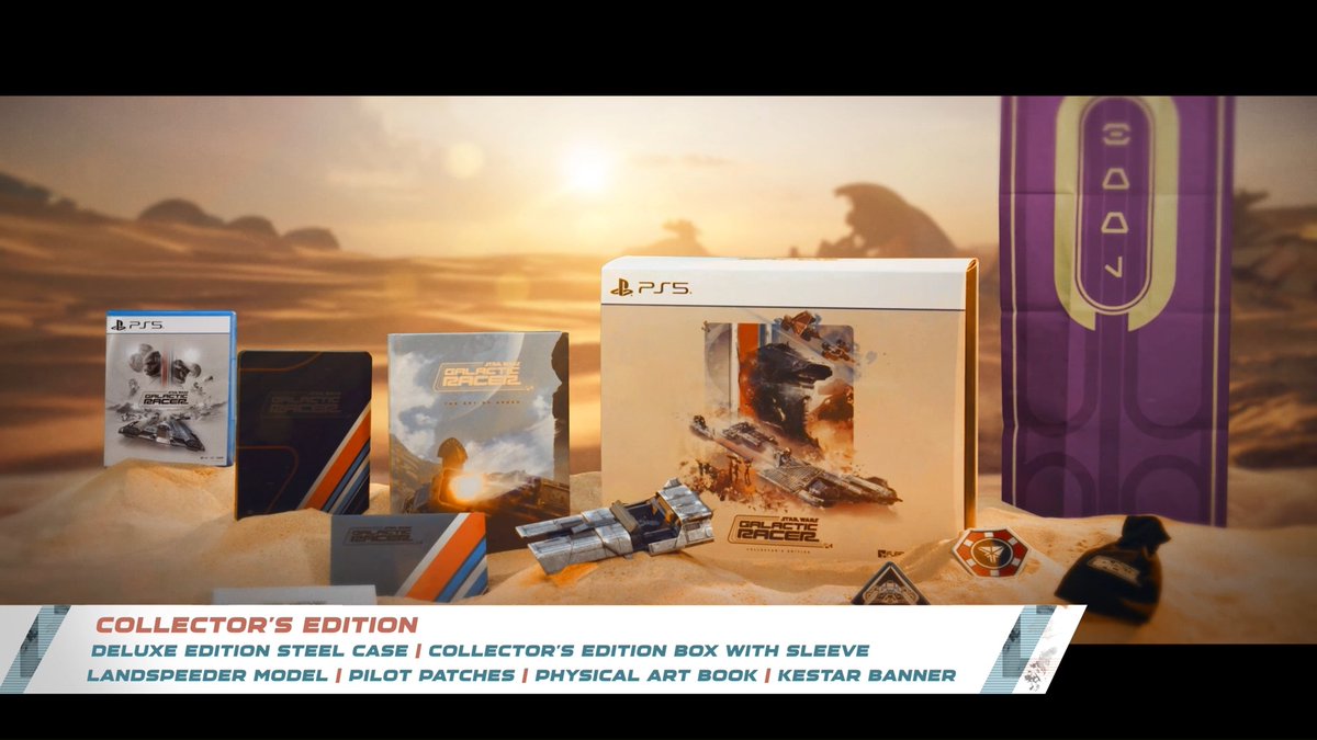 A display of the STAR WARS: Galactic Racer Collector's Edition for PS5, showcasing its contents including a deluxe edition steel case, collector's edition box with sleeve, landspeeder model, pilot patches, physical art book, and Kestar banner, set against a desert backdrop.
